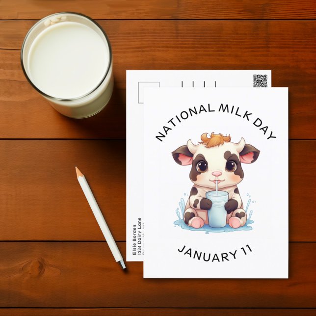 Cute Black & White Kawaii Baby Cow Drinking Milk Postcard (Creator Uploaded)