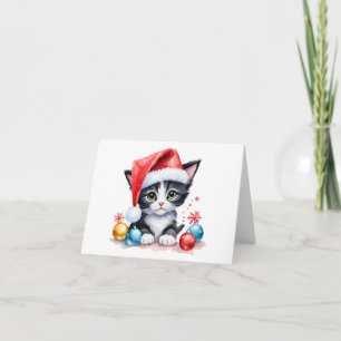 Cute Black & White Kitten in Santa Hat Christmas Card