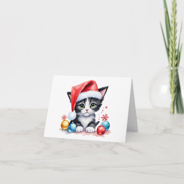 Cute Black & White Kitten in Santa Hat Christmas  Card (Front)