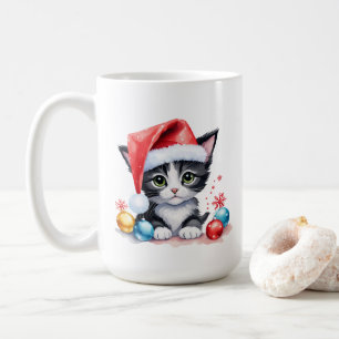 Cute Black & White Kitten in Santa Hat Christmas  Coffee Mug