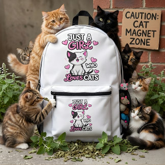 Cute Black & White Kitten & Pink Hearts Printed Backpack