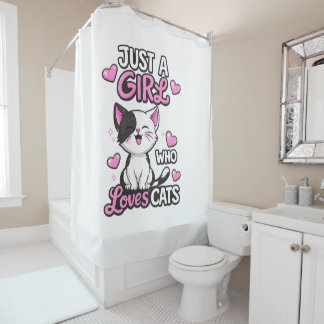 Cute Black & White Kitten & Pink Hearts Shower Curtain