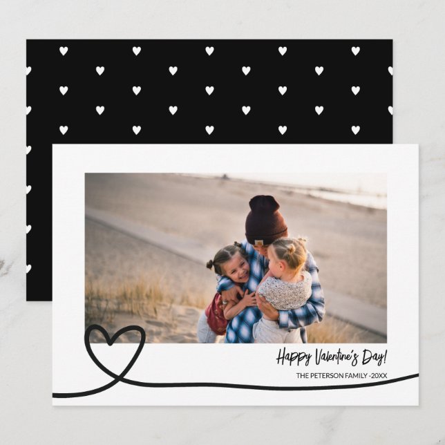 Cute black white line heart photo valentine day holiday card (Front/Back)