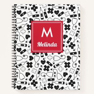 Cute Black White Medical Pattern Nurse Monogrammed Notebook
