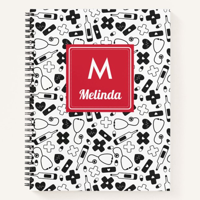 Cute Black White Medical Pattern Nurse Monogrammed Notebook (Front)