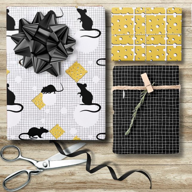 Cute Black White Mouse Rat Swiss Cheese  Wrapping Paper Sheet (Creator Uploaded)