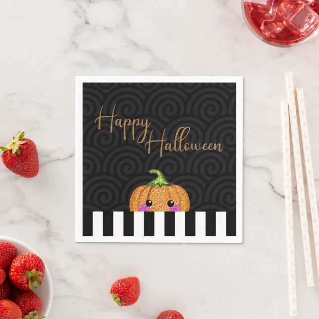 Cute Black White Orange Glitter Pumpkin Halloween Napkin (Insitu)