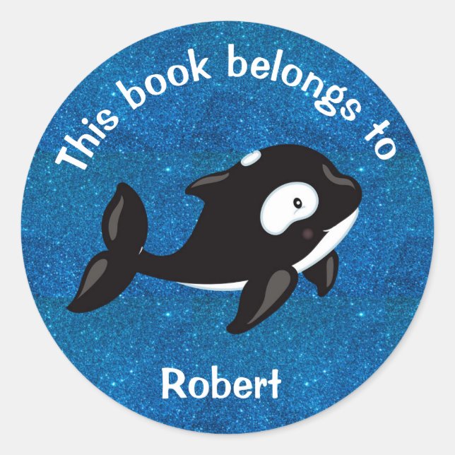 Cute Black White Orca on Glittery Blue Classic Round Sticker (Front)