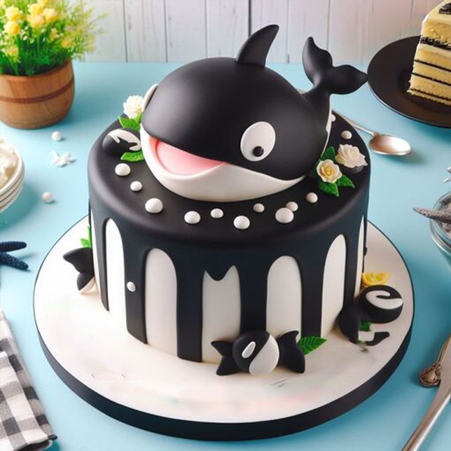 CUTE BLACK & WHITE ORCA WHALE BIRTHDAY CAKE CARD (Creator Uploaded)