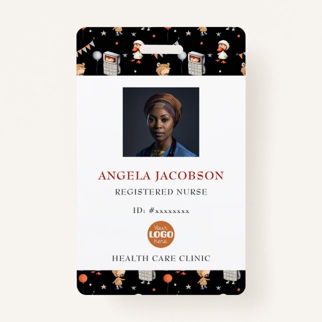 Cute Black White Paediatrics Registered Nurse Logo ID Badge (Front)
