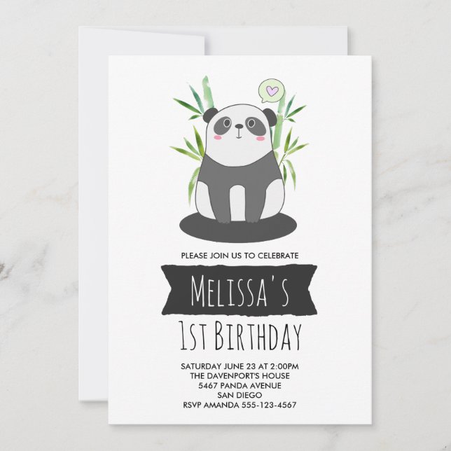 Cute Black & White Panda in Bamboo Birthday Invitation (Front)