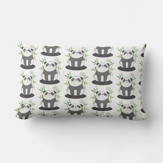 Cute Black & White Panda in Bamboo Pattern Lumbar Cushion (Front)