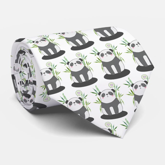 Cute Black & White Panda in Bamboo Pattern Tie (Rolled)
