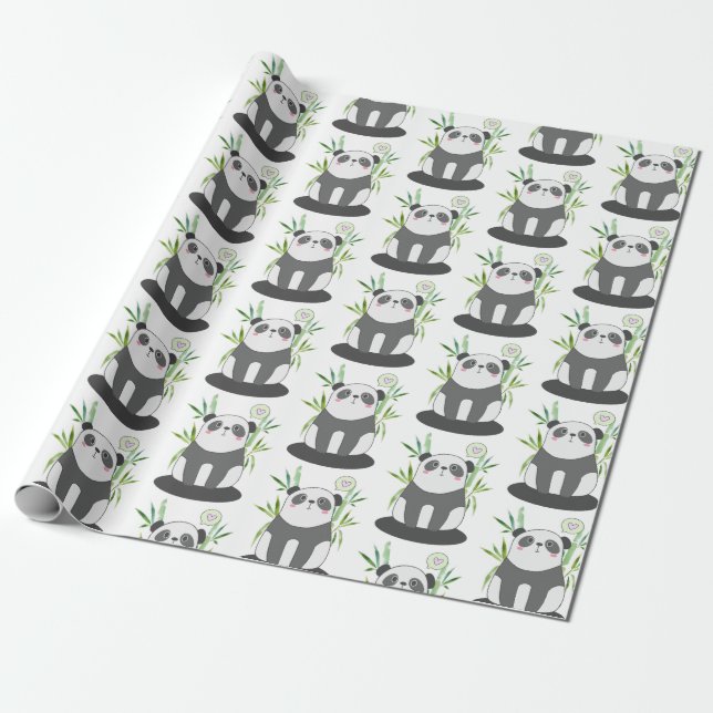 Cute Black & White Panda in Bamboo Pattern Wrapping Paper (Unrolled)
