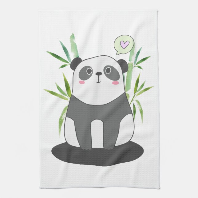 Cute Black & White Panda in Bamboo Tea Towel (Vertical)