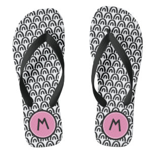 Cute Black White Patten Pink Monogram Flip Flops