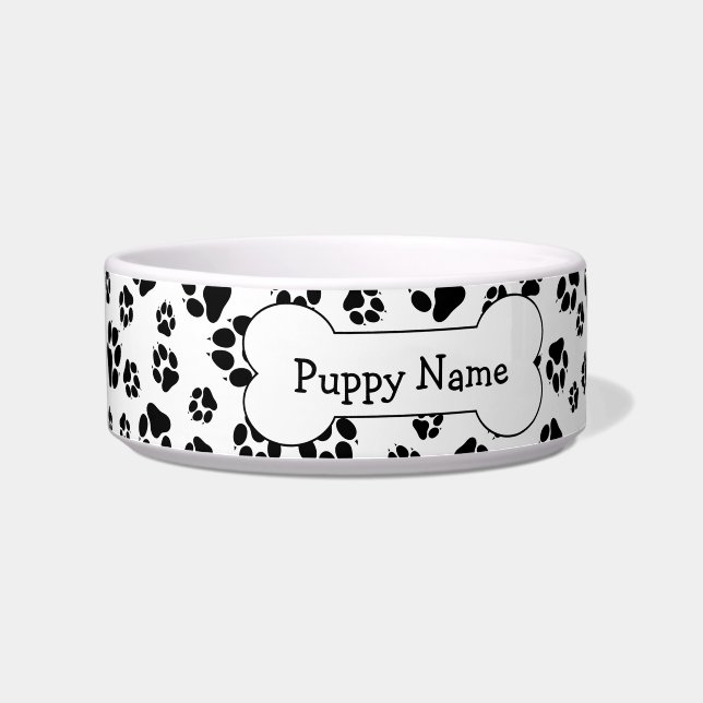 Cute Black & White Paw Prints Bone Name Bowl (Left)