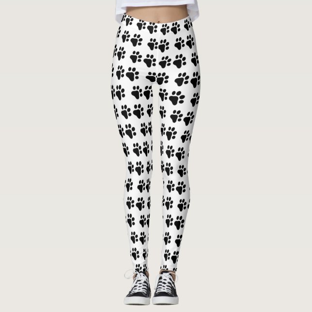 Cute black white Paw Prints Leggings (Front)