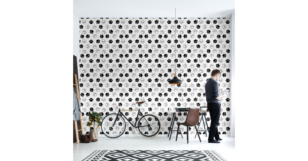 Cute Black & White Paw Prints Pattern Wallpaper | Zazzle