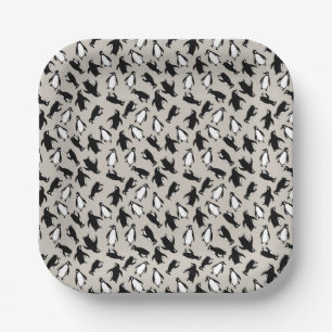 Cute black white penguin pattern grey background paper plate