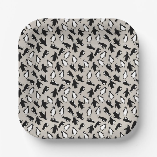 Cute black white penguin pattern grey background paper plate (Front)