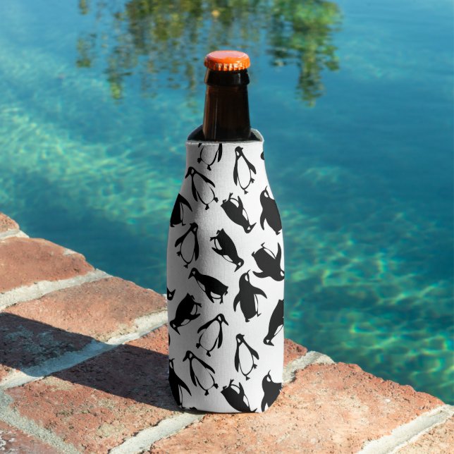 Cute black white penguin pattern white background bottle cooler (In Situ Pool)