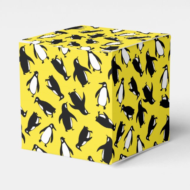 Cute black white penguin pattern yellow background favour box (Front Side)