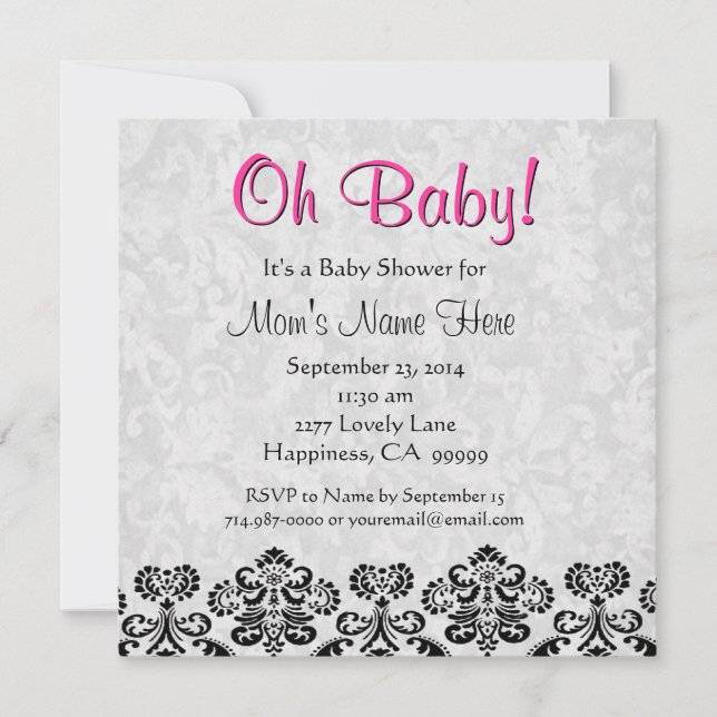 Cute Black White Pink Heart Damask Baby Shower Invitation (Front)