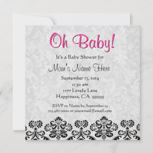 Cute Black White Pink Heart Damask Baby Shower Invitation