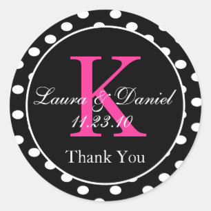 Cute Black White Pink Polka Dot Monogram Favour Classic Round Sticker