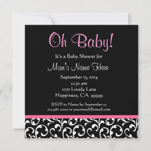 Cute Black White Pink Swirl Print Baby Shower Invitation