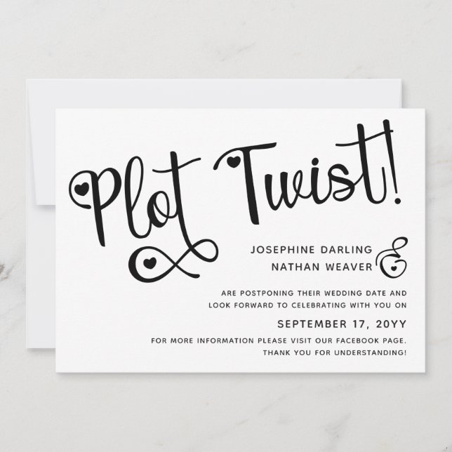 Cute Black White Plot Twist Postponed Wedding Save The Date (Front)