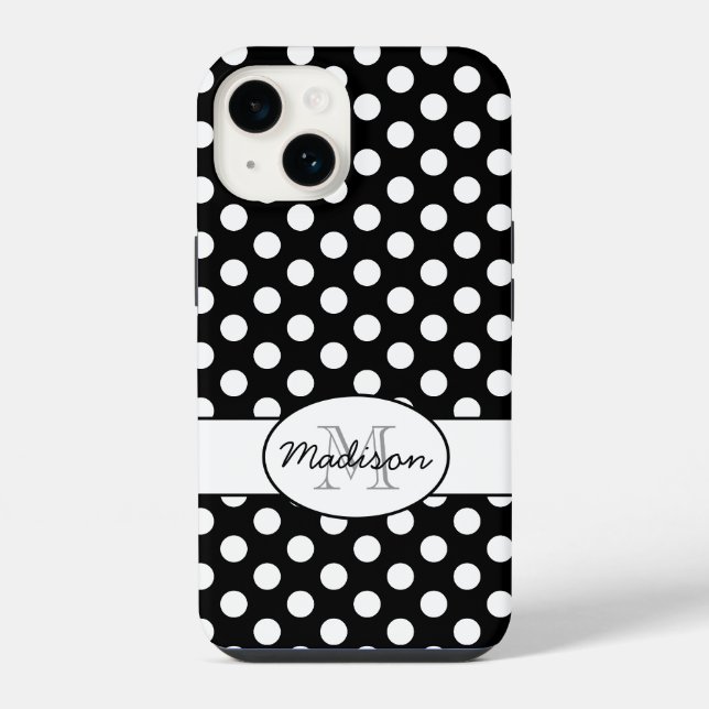 Cute Black White polka dots retro pattern Monogram iPhone Case (Back)
