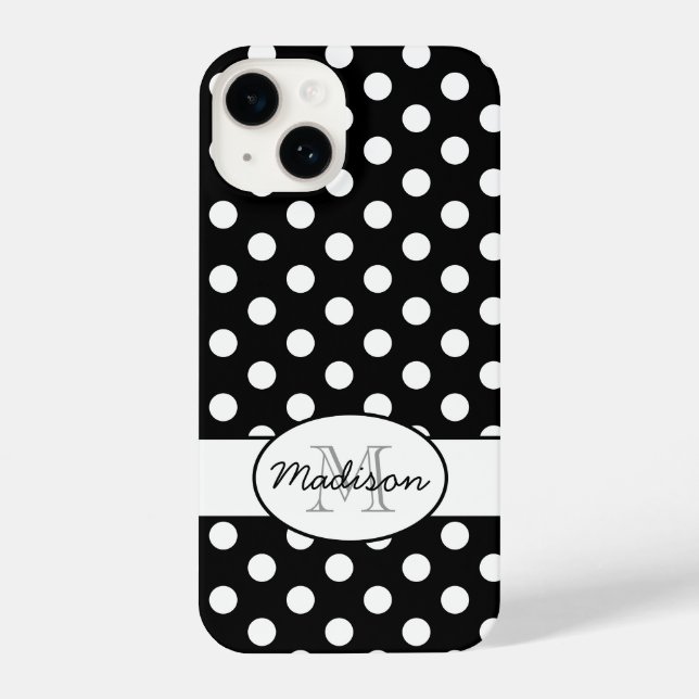 Cute Black White polka dots retro pattern Monogram iPhone Case (Back)