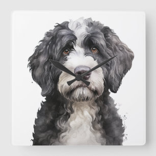 CUTE BLACK & WHITE PORTUGESE WATER DOG SQUARE WALL CLOCK