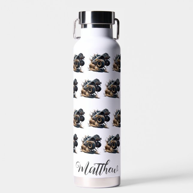 Cute Black White Power Race Monster Truck Water Bottle (Front)