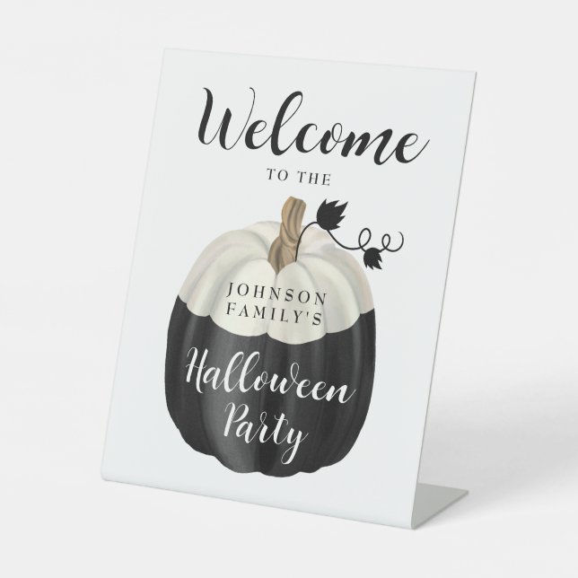 Cute Black & White Pumpkin Halloween Party Welcome Pedestal Sign (Front)