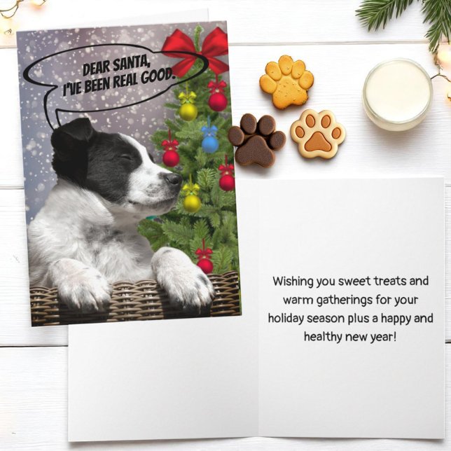 Cute Black White Puppy Dreaming in Snowfall Custom Holiday Card (cover and inside template Christmas card)