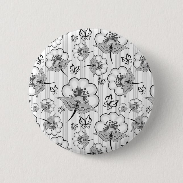 Cute black white seamless flowers patterns 6 cm round badge (Front)