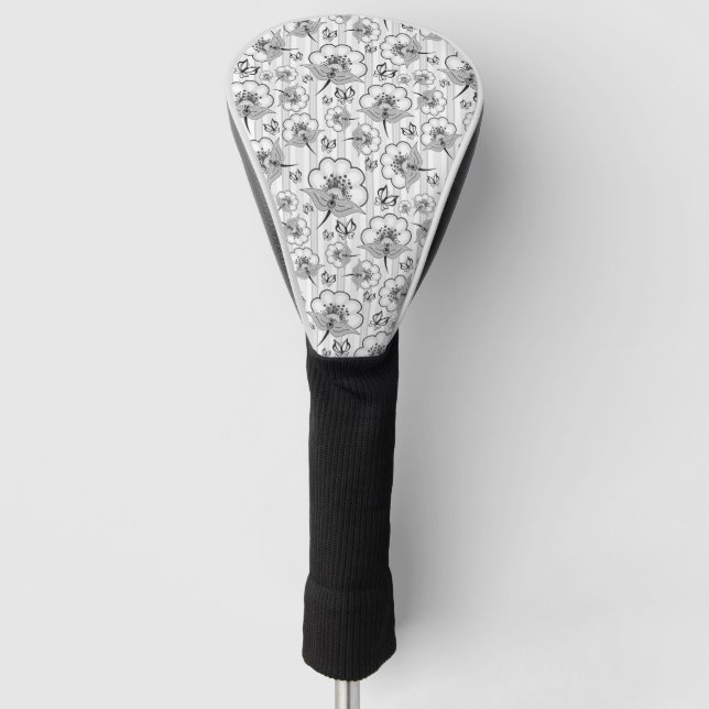Cute black white seamless flowers patterns golf head cover (Front)