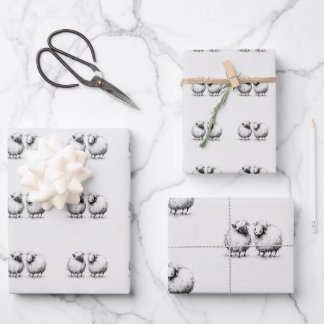 Cute Black White Sheep Lamb Ink Sketch Drawing Wrapping Paper Sheet