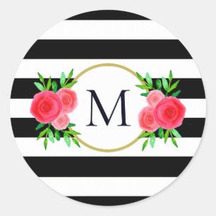 Cute Black White Striped Coral Red Floral Monogram Classic Round Sticker