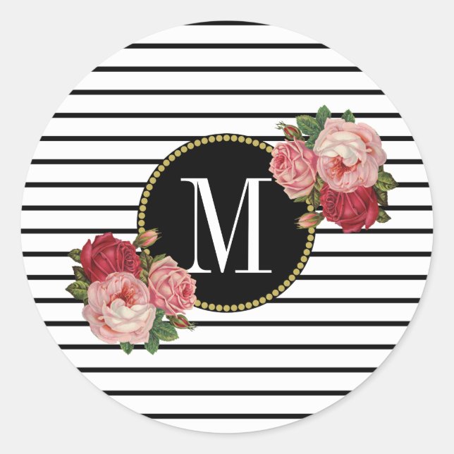Cute Black White Striped Modern Floral Monogram Classic Round Sticker (Front)