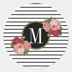 Cute Black White Striped Modern Floral Monogram Classic Round Sticker