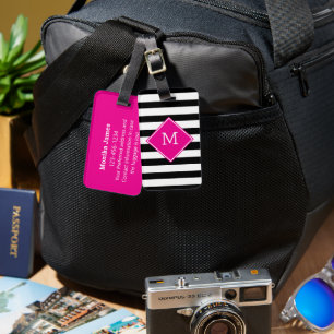 Cute Black White Striped Pattern Hot Pink Monogram Luggage Tag