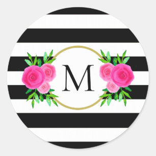 Cute Black White Striped Pink Floral Monogram Classic Round Sticker