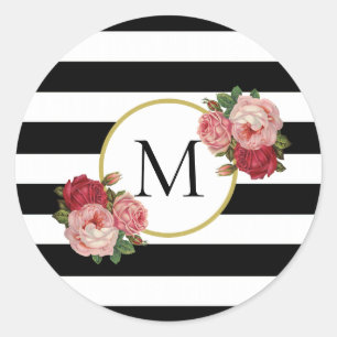 Cute Black White Striped Retro Flowers Monogram Classic Round Sticker