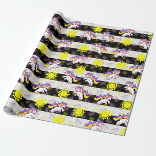 Cute Black White Sunny Unicorn Stripes Design Wrapping Paper