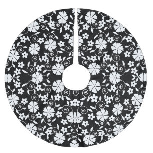 Cute black white swirl flowers pattern brushed polyester tree skirt