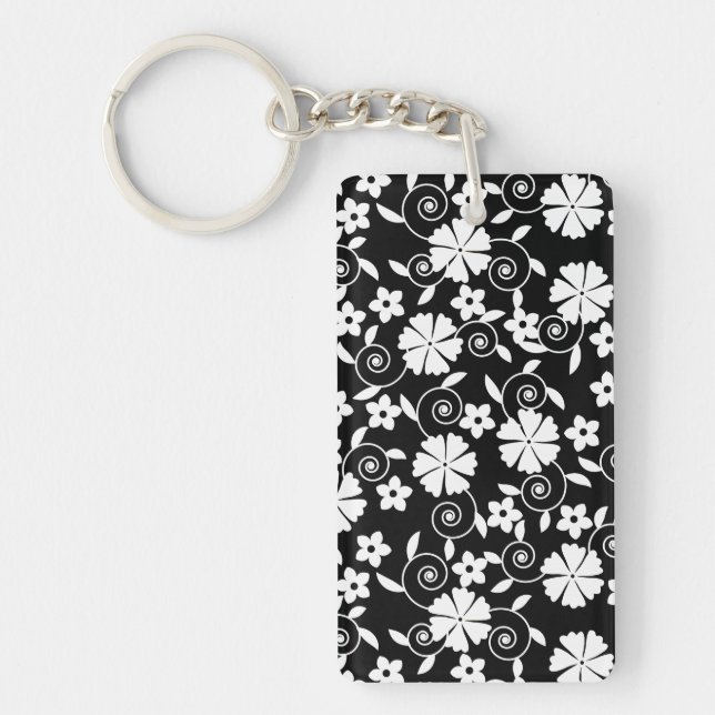 Cute black white swirl flowers pattern key ring (Front)